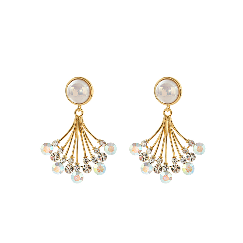 Imitation Pearl Fan-Shaped Drop Earrings for Women, Exquisite Crystal and Diamond Accents, Unique High-End Fashion Jewelry Imitation Pearl Fan-Shaped Drop Earrings for Women, Exquisite Crystal and Diamond Accents, Unique High-End Fashion Jewelry