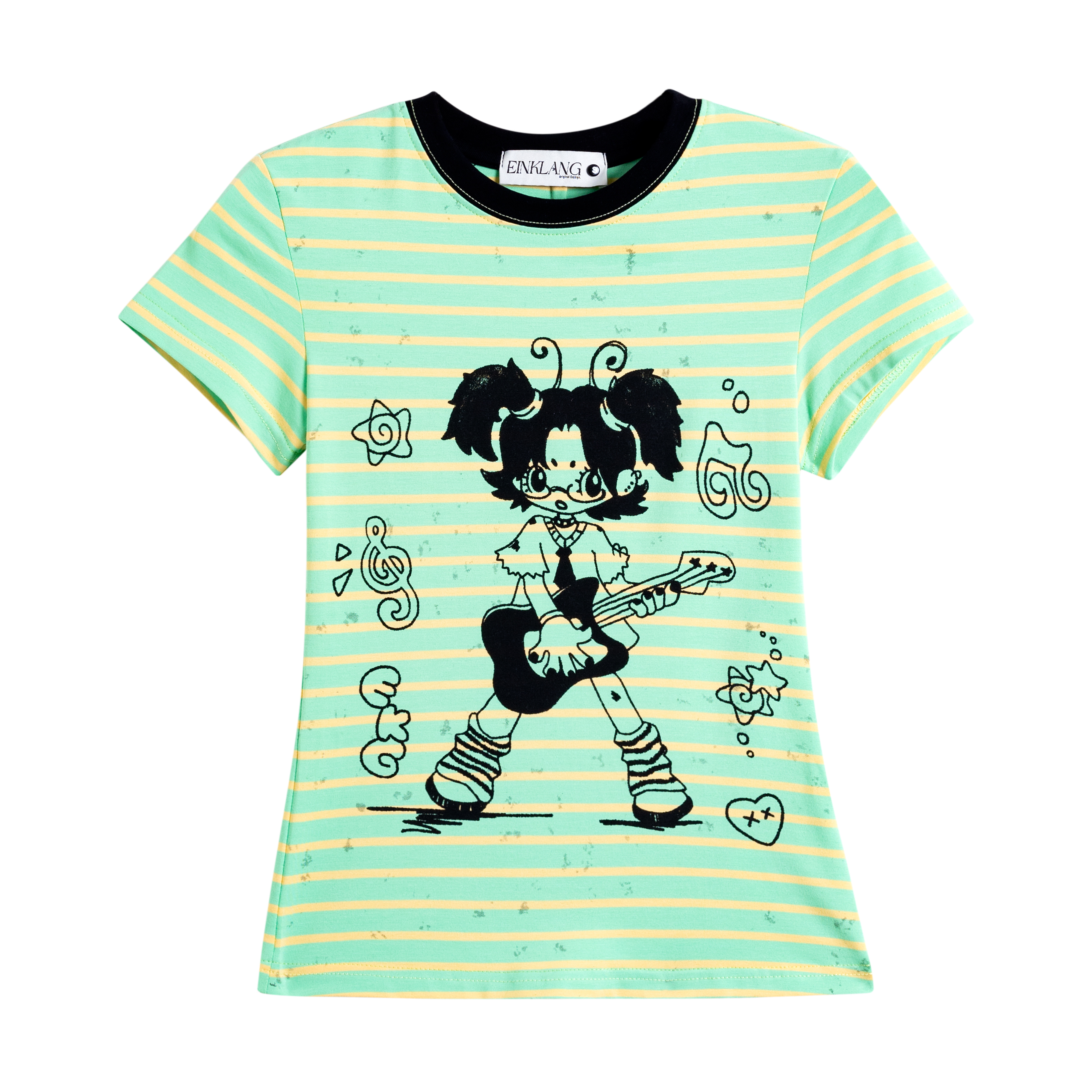 Indie Rock Girl Printed Striped Short Slim Fit T-Shirt for Women - Summer Green Shoulder Tee - Casual 90s Style