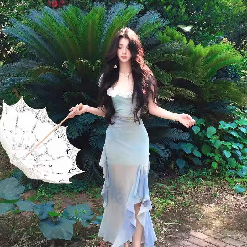 Irregular Gradient Color-Dyed Waist-Cinching Dress with Lotus Leaf Edges for Women - Summer Beach Vacation Dress