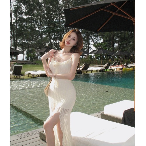 Irregular Hem Mesh Strap Dress - Sexy Beach Vacation Style, Pure Desire Temperament, Perfect for Summer Getaways