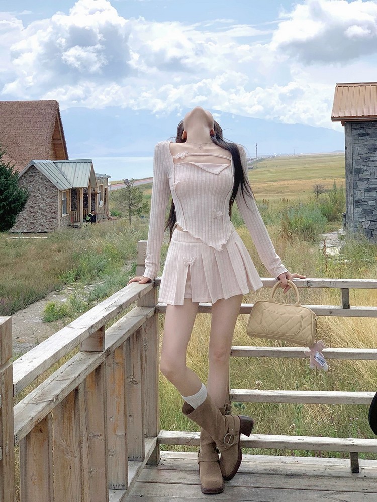 Irregular Long Sleeve Dress Set with Pleated Skirt - French Style Spicy Girl Spring Fashion for Women Irregular Long Sleeve Dress Set with Pleated Skirt - French Style Spicy Girl Spring Fashion for Women