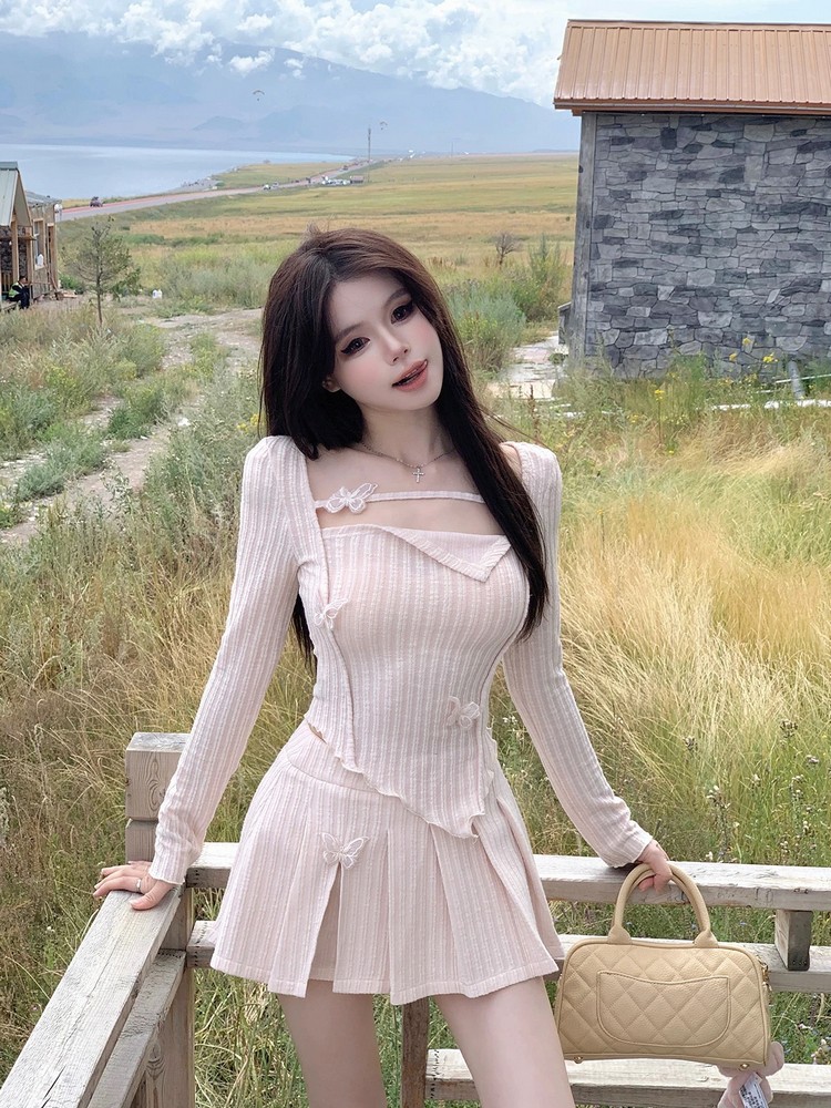 Irregular Long Sleeve Dress Set with Pleated Skirt - French Style Spicy Girl Spring Fashion for Women Irregular Long Sleeve Dress Set with Pleated Skirt - French Style Spicy Girl Spring Fashion for Women