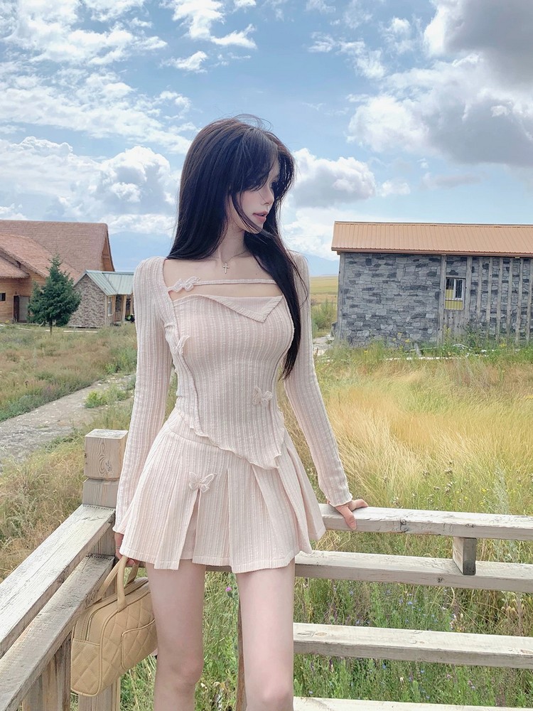 Irregular Long Sleeve Dress Set with Pleated Skirt - French Style Spicy Girl Spring Fashion for Women Irregular Long Sleeve Dress Set with Pleated Skirt - French Style Spicy Girl Spring Fashion for Women