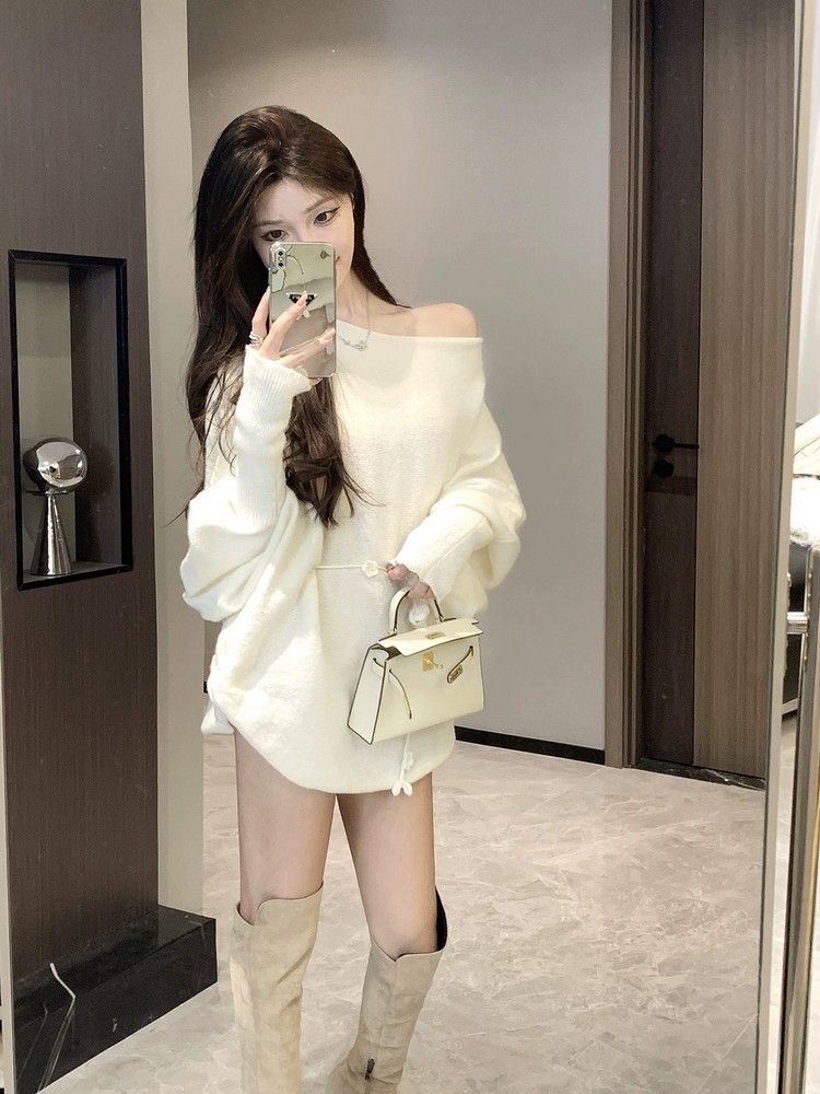 Irregular Off-Shoulder Knitted Mini Dress for Women - Loose Fit, Asymmetrical Neckline, French Style for Autumn and Winter Fashion Irregular Off-Shoulder Knitted Mini Dress for Women - Loose Fit, Asymmetrical Neckline, French Style for Autumn and Winter Fashion