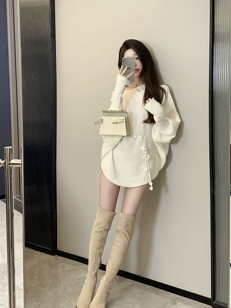 Irregular Off-Shoulder Knitted Mini Dress for Women - Loose Fit, Asymmetrical Neckline, French Style for Autumn and Winter Fashion Irregular Off-Shoulder Knitted Mini Dress for Women - Loose Fit, Asymmetrical Neckline, French Style for Autumn and Winter Fashion