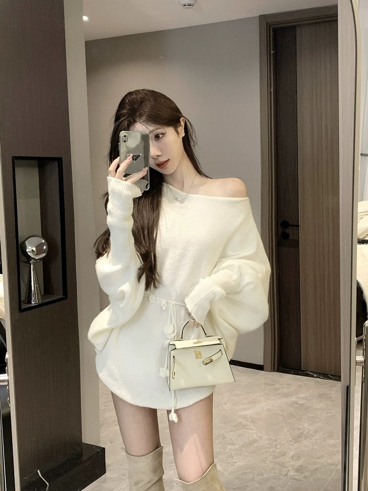 Irregular Off-Shoulder Knitted Mini Dress for Women - Loose Fit, Asymmetrical Neckline, French Style for Autumn and Winter Fashion Irregular Off-Shoulder Knitted Mini Dress for Women - Loose Fit, Asymmetrical Neckline, French Style for Autumn and Winter Fashion