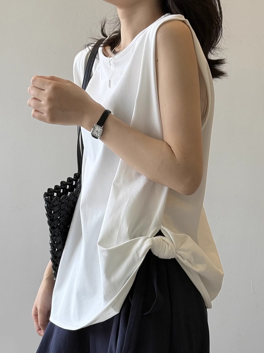 Irregular Sleeveless Vest for Women - Pure Cotton Tie-Up Top, Loose Round Neck, 2025 Summer Style, Trendy Casual Fashion Irregular Sleeveless Vest for Women - Pure Cotton Tie-Up Top, Loose Round Neck, 2025 Summer Style, Trendy Casual Fashion