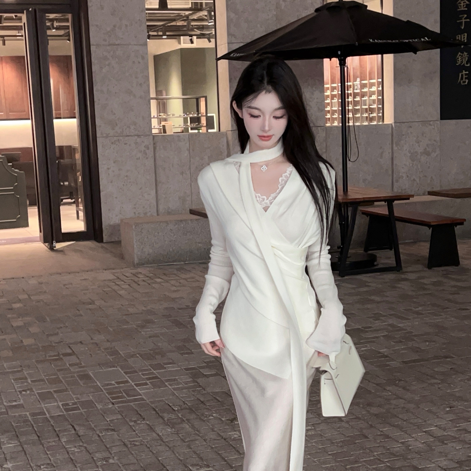 Irregular White Knitted Sweater Set for Women, Two-Piece with Lace Vest and Ribbons, Cozy Winter Fashion, Y2K Style