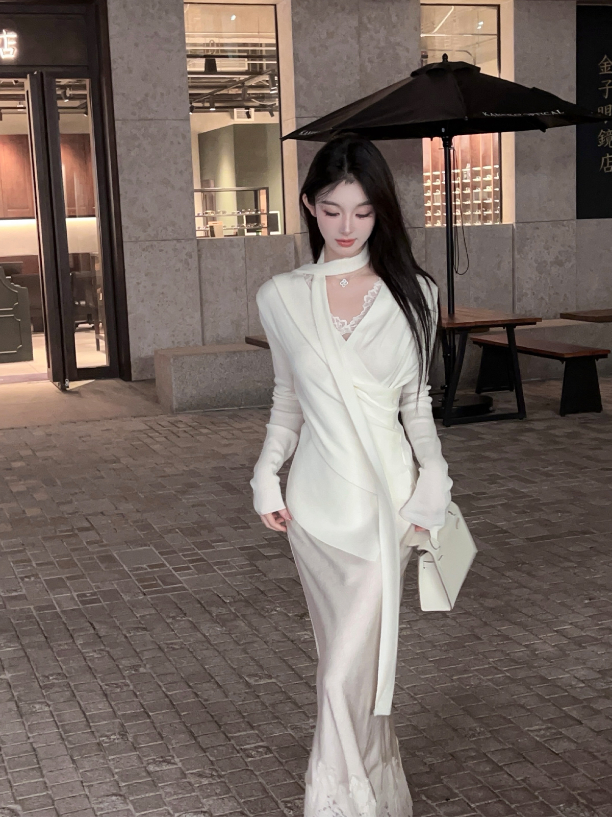 Irregular White Knitted Sweater Set for Women, Two-Piece with Lace Vest and Ribbons, Cozy Winter Fashion, Y2K Style Irregular White Knitted Sweater Set for Women, Two-Piece with Lace Vest and Ribbons, Cozy Winter Fashion, Y2K Style