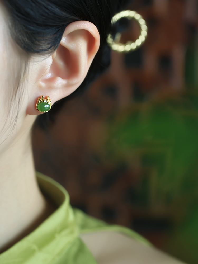 Jade Green Earrings for Women, Natural Hetian Jade with Silver and Gold Inlay, Chinese Style National Wind, Dragon Year Design Jade Green Earrings for Women, Natural Hetian Jade with Silver and Gold Inlay, Chinese Style National Wind, Dragon Year Design