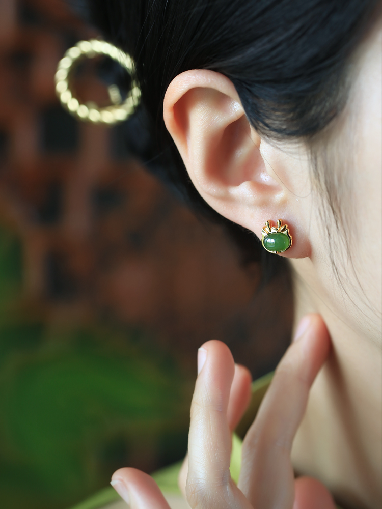 Jade Green Earrings for Women, Natural Hetian Jade with Silver and Gold Inlay, Chinese Style National Wind, Dragon Year Design Jade Green Earrings for Women, Natural Hetian Jade with Silver and Gold Inlay, Chinese Style National Wind, Dragon Year Design