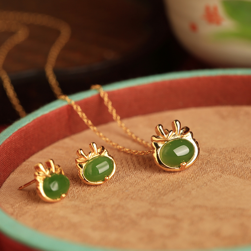 Jade Green Earrings for Women, Natural Hetian Jade with Silver and Gold Inlay, Chinese Style National Wind, Dragon Year Design Jade Green Earrings for Women, Natural Hetian Jade with Silver and Gold Inlay, Chinese Style National Wind, Dragon Year Design
