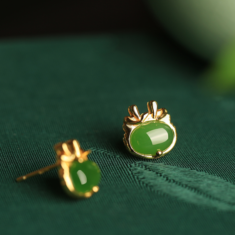 Jade Green Earrings for Women, Natural Hetian Jade with Silver and Gold Inlay, Chinese Style National Wind, Dragon Year Design