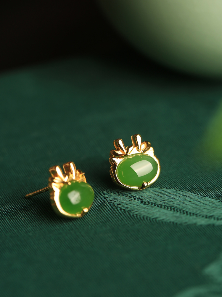Jade Green Earrings for Women, Natural Hetian Jade with Silver and Gold Inlay, Chinese Style National Wind, Dragon Year Design Jade Green Earrings for Women, Natural Hetian Jade with Silver and Gold Inlay, Chinese Style National Wind, Dragon Year Design