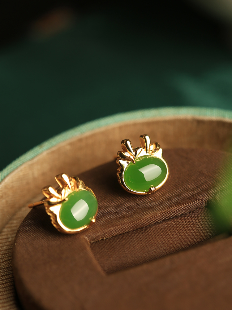 Jade Green Earrings for Women, Natural Hetian Jade with Silver and Gold Inlay, Chinese Style National Wind, Dragon Year Design Jade Green Earrings for Women, Natural Hetian Jade with Silver and Gold Inlay, Chinese Style National Wind, Dragon Year Design