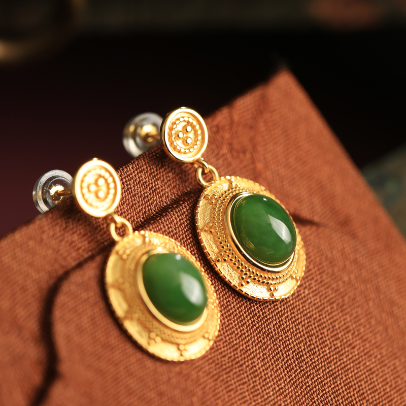Jade Green Pure Silver Peace Buckle Earrings - High-End Light Luxury Chinese National Style for Women