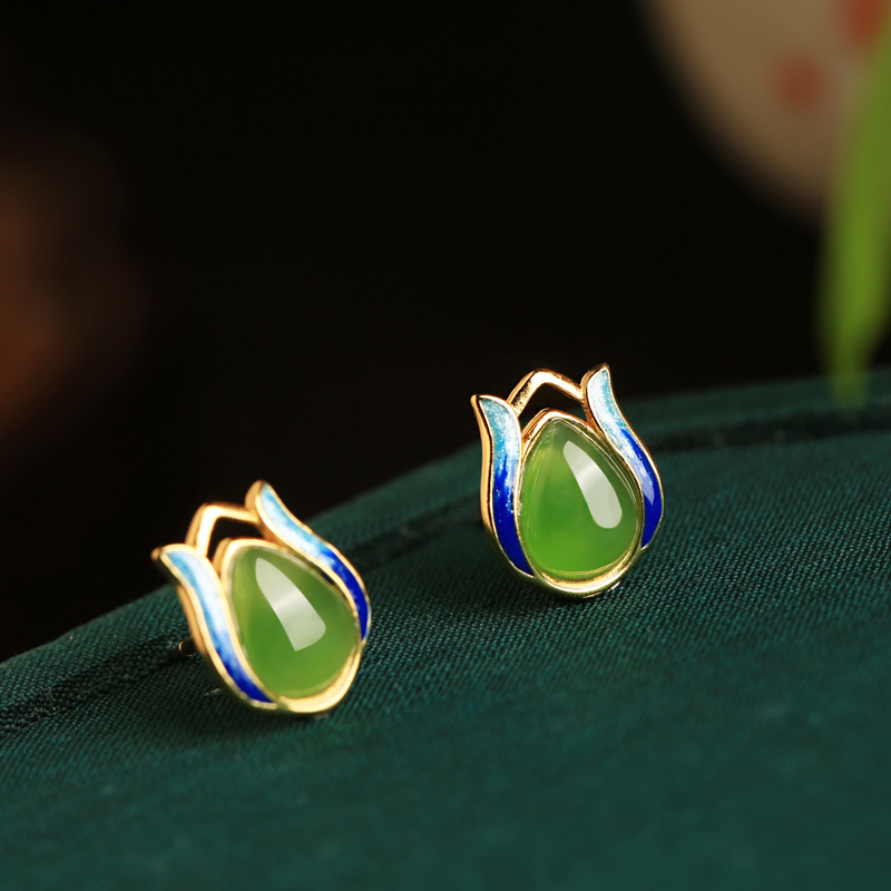 Jade Green Tulip Earrings for Women - Chinese Style Pure Silver with Gold Inlaid Jade Enamel Gemstone - Elegant Fashion Jewelry