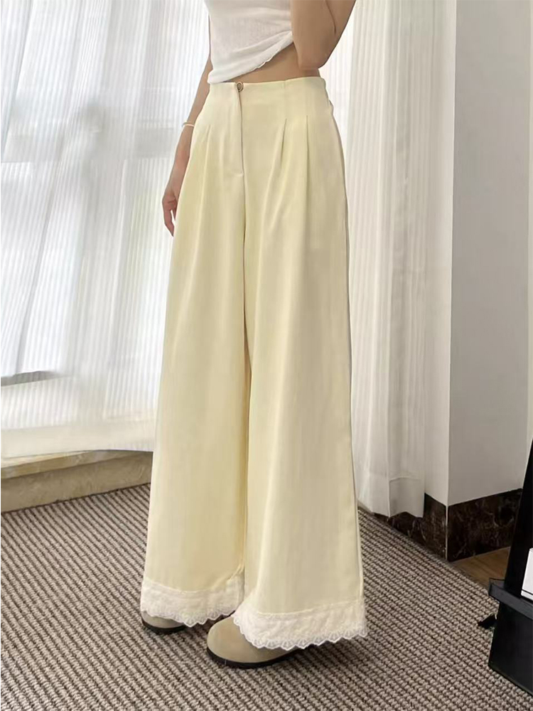 Japanese Lace Trim Wide-Leg Pants for Women - Casual Slimming Straight-Leg Trousers, Summer New Arrival, Versatile Style