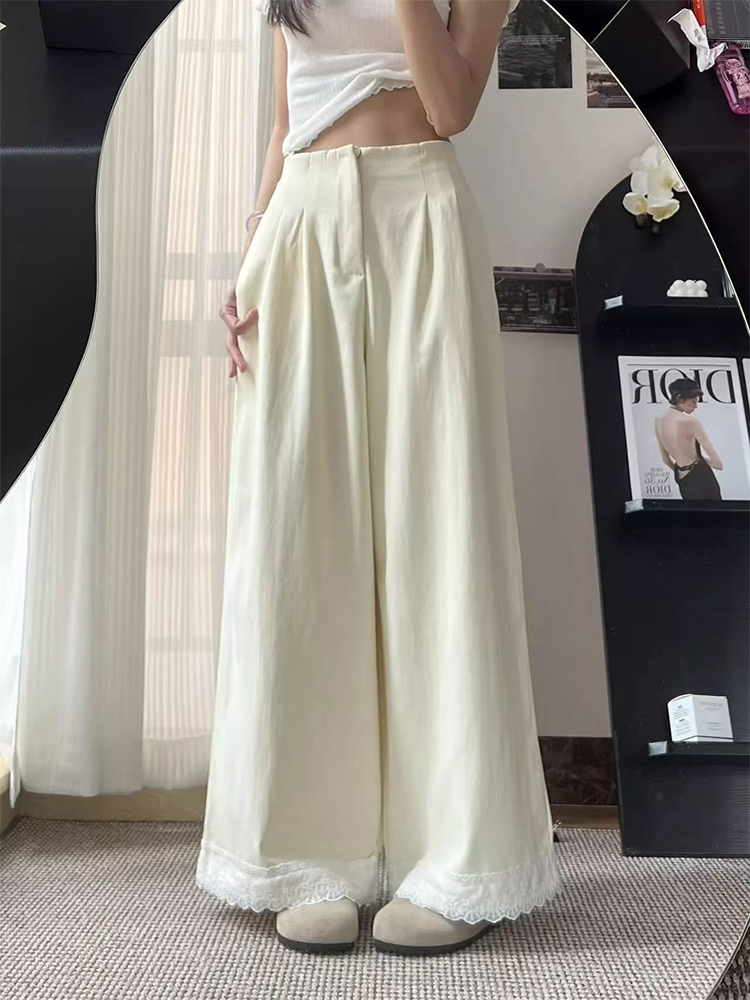 Japanese Lace Trim Wide-Leg Pants for Women - Casual Slimming Straight-Leg Trousers, Summer New Arrival, Versatile Style