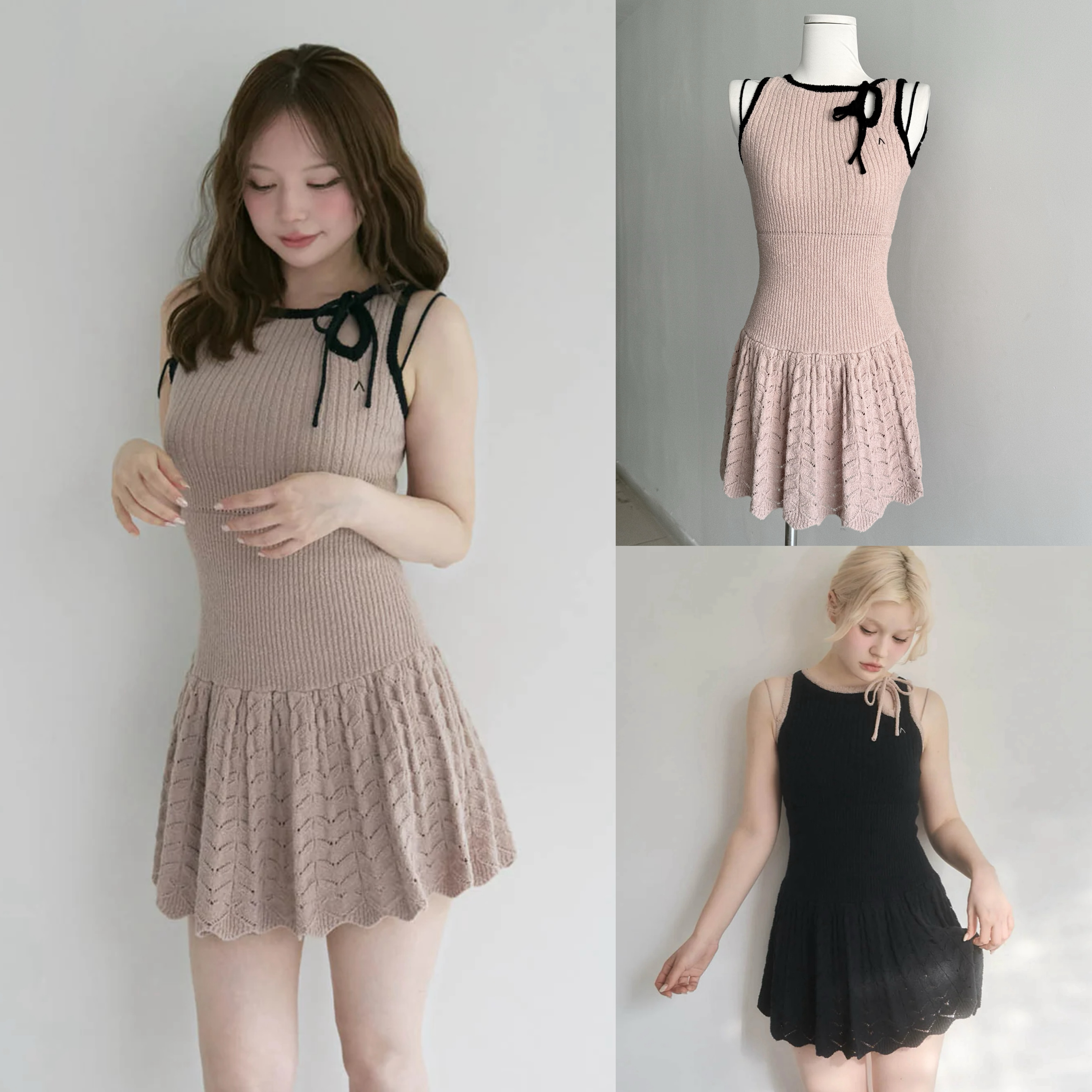 Japanese Niche Hollow Sweet Bow Tie Knitted Suspender Dress - Short Skirt, Cute Y2K Style Fashion for Trendy Outfits