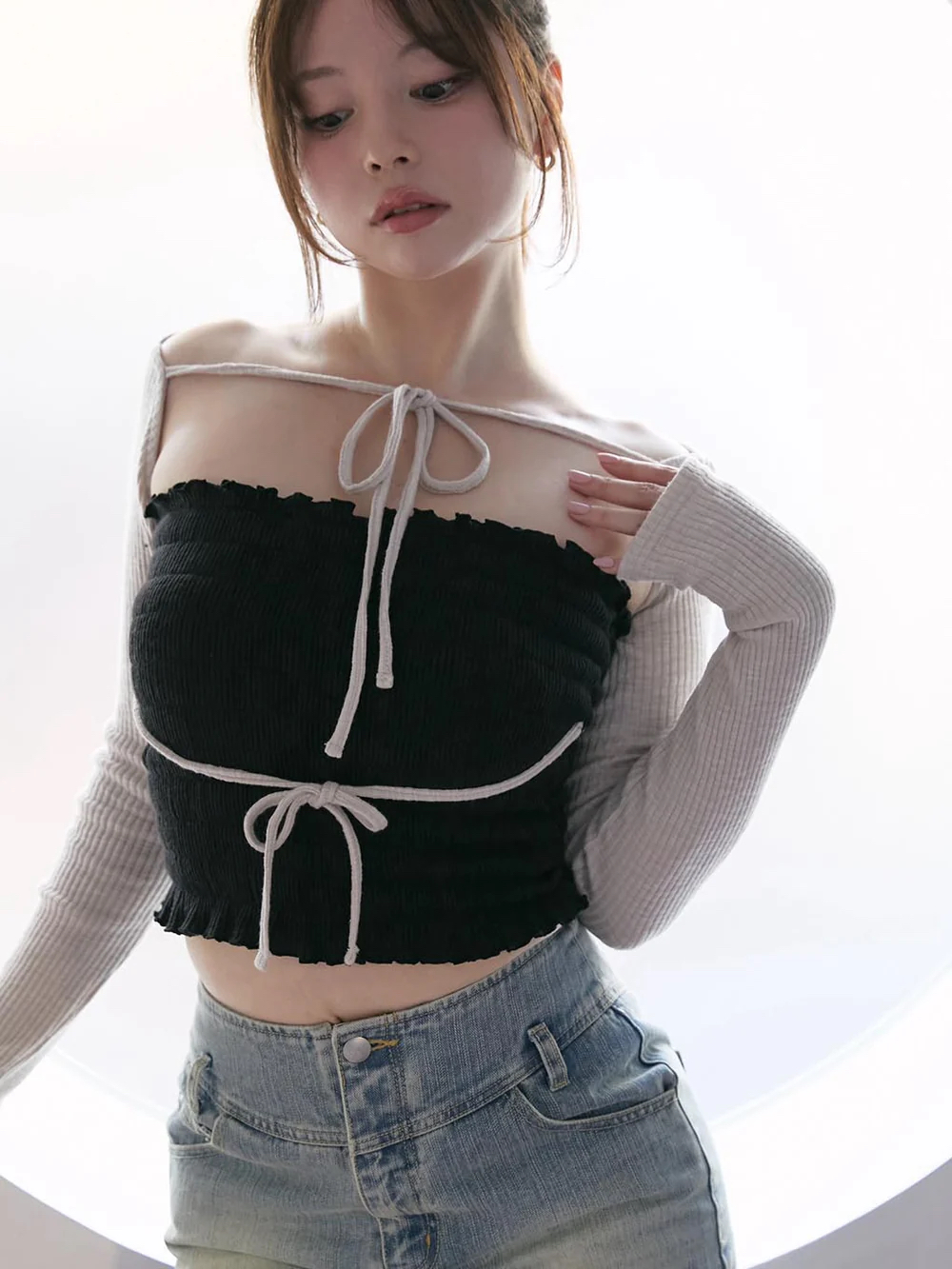 Japanese Niche Style Pleated Strapless Tank Top and Long Sleeve Knitted Cardigan Two-Piece Set - Stretchy Fashion Essential Japanese Niche Style Pleated Strapless Tank Top and Long Sleeve Knitted Cardigan Two-Piece Set - Stretchy Fashion Essential