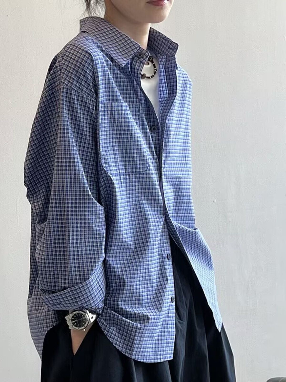 Japanese Plaid Long Sleeve Shirt for Women - Loose Casual Blouse with High-End Feel, Spring 2025 Fashion