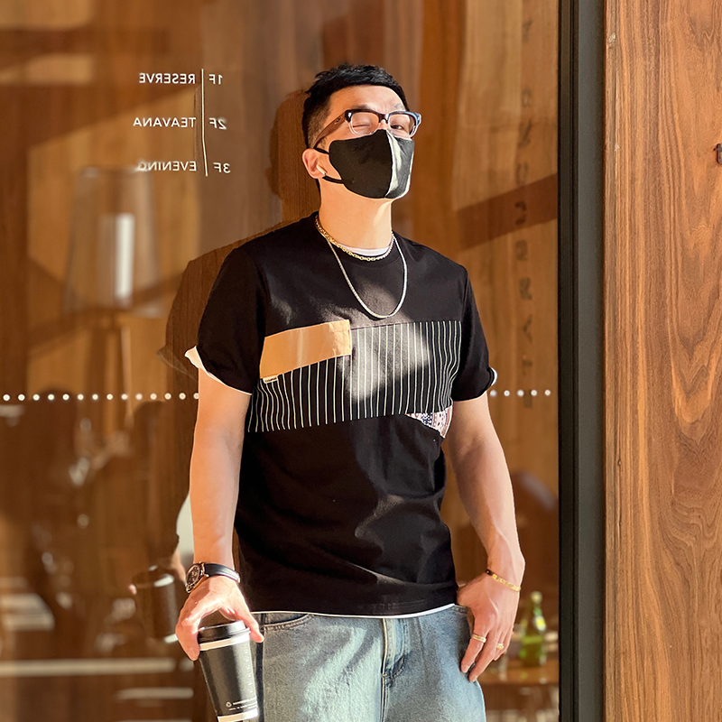 Japanese Retro Patchwork Short-Sleeve T-Shirt for Men, Summer Harajuku Color-Blocking Casual Graphic Tee