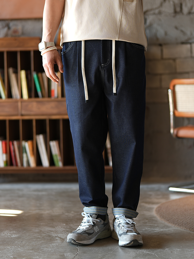 Japanese Retro Straight-Leg Jeans for Men - Slim Fit Casual Drawstring Pants, Versatile Spring Trend Japanese Retro Straight-Leg Jeans for Men - Slim Fit Casual Drawstring Pants, Versatile Spring Trend