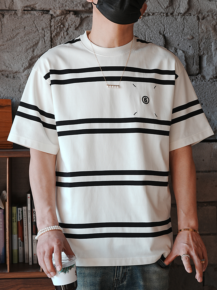 Japanese Retro Striped Short Sleeve T-Shirt for Men - Versatile Minimalist Design with High-End Embroidered Label, Y2K Style Japanese Retro Striped Short Sleeve T-Shirt for Men - Versatile Minimalist Design with High-End Embroidered Label, Y2K Style