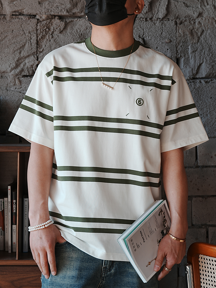 Japanese Retro Striped Short Sleeve T-Shirt for Men - Versatile Minimalist Design with High-End Embroidered Label, Y2K Style Japanese Retro Striped Short Sleeve T-Shirt for Men - Versatile Minimalist Design with High-End Embroidered Label, Y2K Style