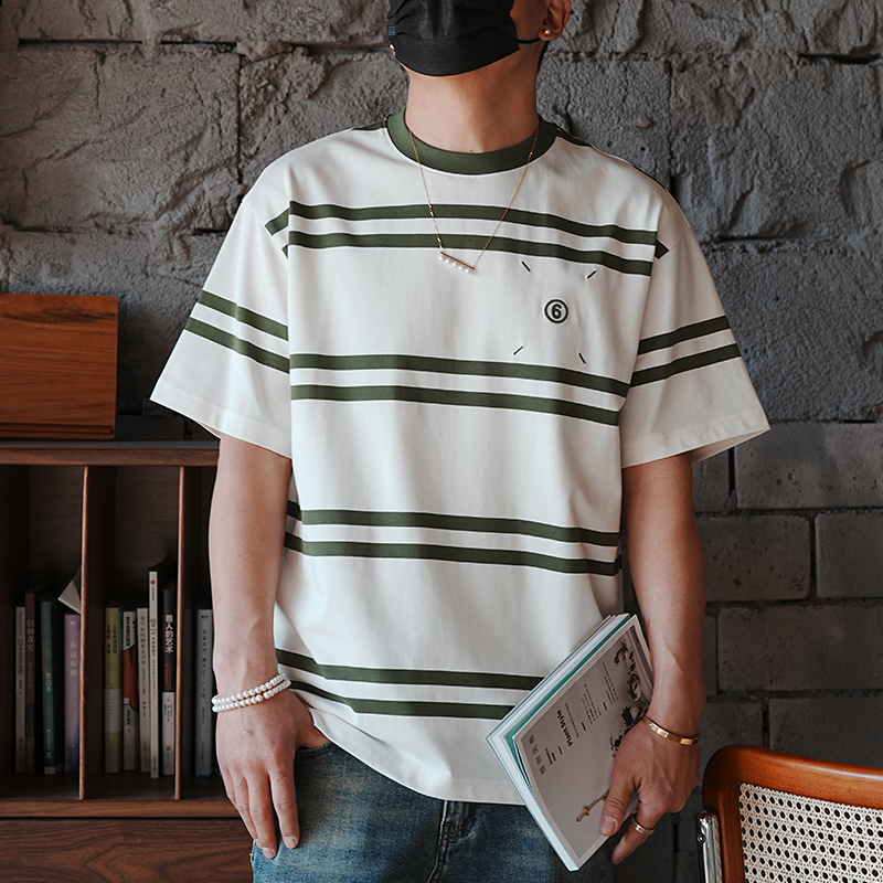 Japanese Retro Striped Short Sleeve T-Shirt for Men - Versatile Minimalist Design with High-End Embroidered Label, Y2K Style Japanese Retro Striped Short Sleeve T-Shirt for Men - Versatile Minimalist Design with High-End Embroidered Label, Y2K Style