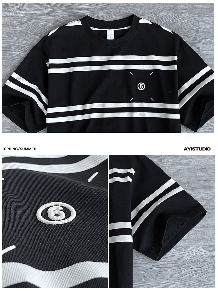 Japanese Retro Striped Short Sleeve T-Shirt for Men - Versatile Minimalist Design with High-End Embroidered Label, Y2K Style Japanese Retro Striped Short Sleeve T-Shirt for Men - Versatile Minimalist Design with High-End Embroidered Label, Y2K Style