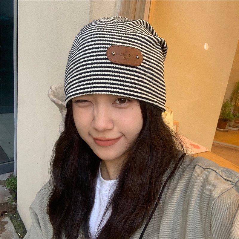Japanese Striped Double-Layer Knitted Pullover Hat for Women - Slouchy Fit, Cool Girl Style for Autumn and Winter