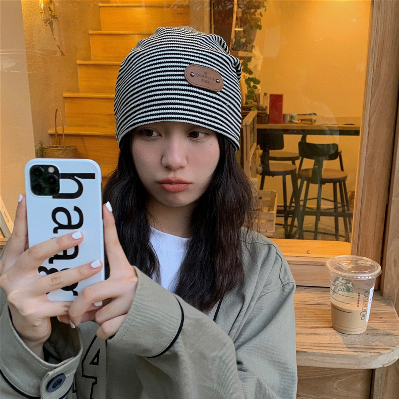 Japanese Striped Double-Layer Knitted Pullover Hat for Women - Slouchy Fit, Cool Girl Style for Autumn and Winter Japanese Striped Double-Layer Knitted Pullover Hat for Women - Slouchy Fit, Cool Girl Style for Autumn and Winter