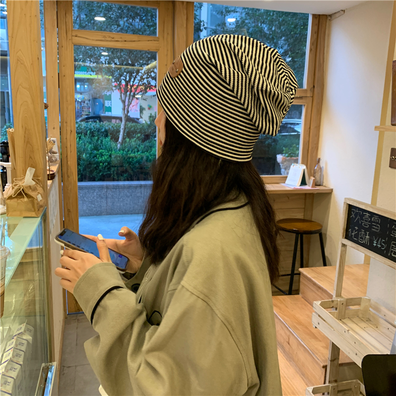 Japanese Striped Double-Layer Knitted Pullover Hat for Women - Slouchy Fit, Cool Girl Style for Autumn and Winter Japanese Striped Double-Layer Knitted Pullover Hat for Women - Slouchy Fit, Cool Girl Style for Autumn and Winter