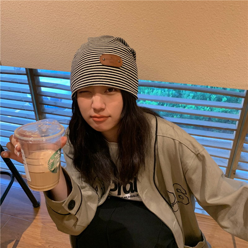 Japanese Striped Double-Layer Knitted Pullover Hat for Women - Slouchy Fit, Cool Girl Style for Autumn and Winter Japanese Striped Double-Layer Knitted Pullover Hat for Women - Slouchy Fit, Cool Girl Style for Autumn and Winter