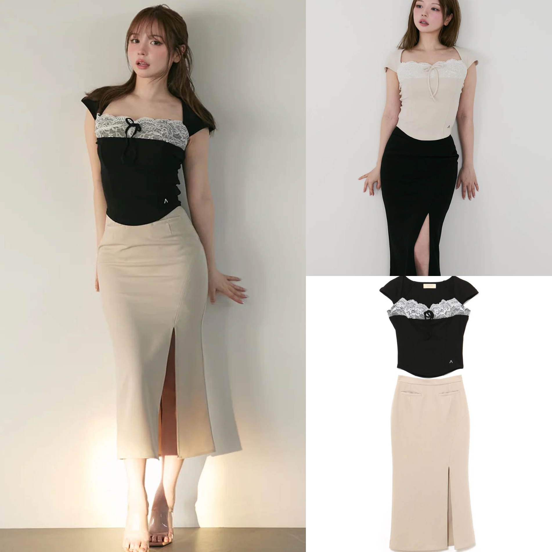 Japanese-Style Clear Sweet Lace Fitted Short-Sleeve Bodycon Top and Waist Skirt Set - Perfect for Y2K and Korean Style Fashion