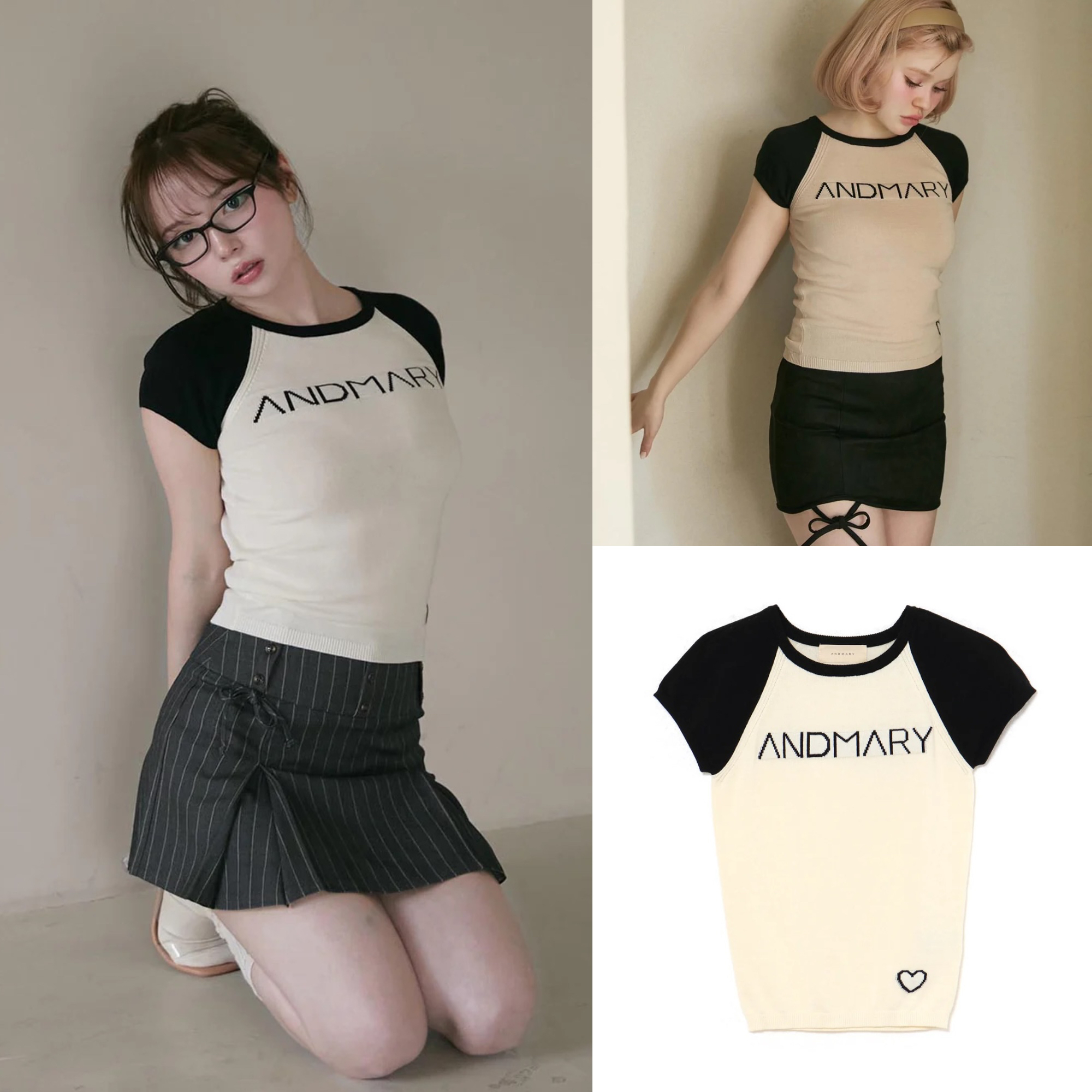Japanese Style Color Block Splicing Short Sleeve T-Shirt for Women - Sweet Slim Fit Top, Summer 2025 Fashion Trend
