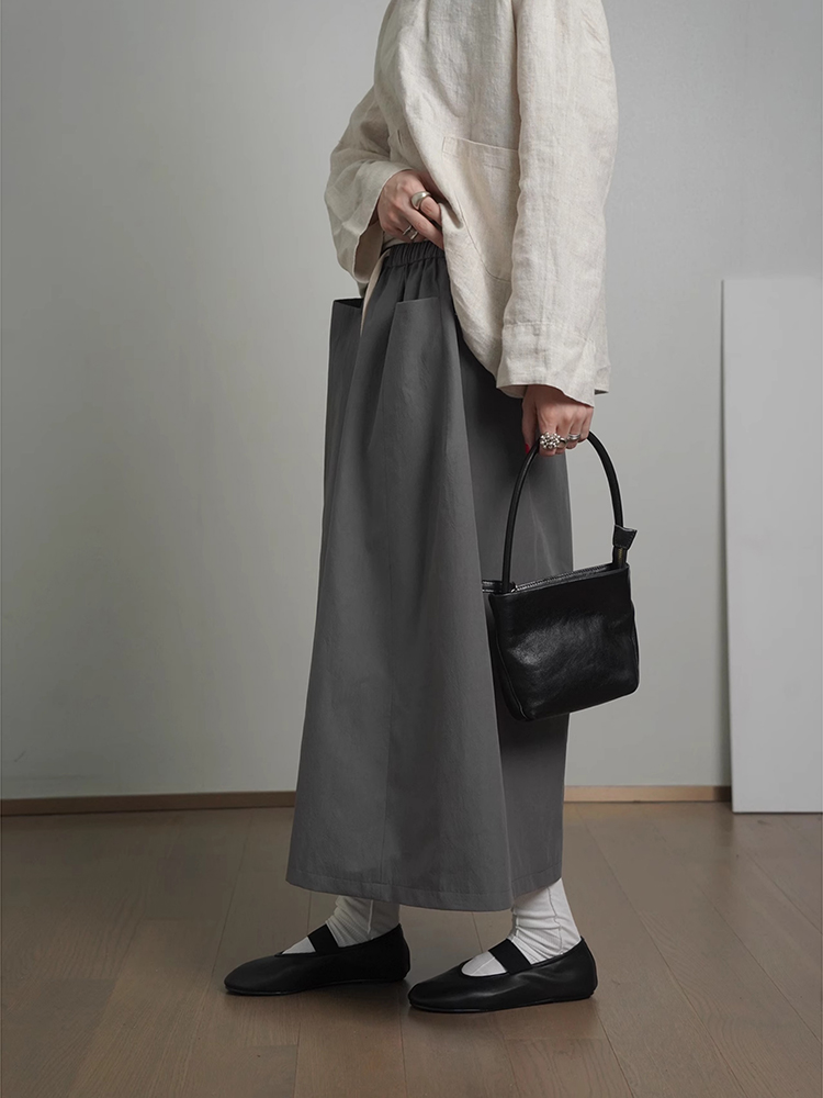 Japanese-Style High-Waisted Elastic Pocket Midi Skirt for Women - Loose A-Line Casual Summer 2025 Fashion for Petite Sizes Japanese-Style High-Waisted Elastic Pocket Midi Skirt for Women - Loose A-Line Casual Summer 2025 Fashion for Petite Sizes