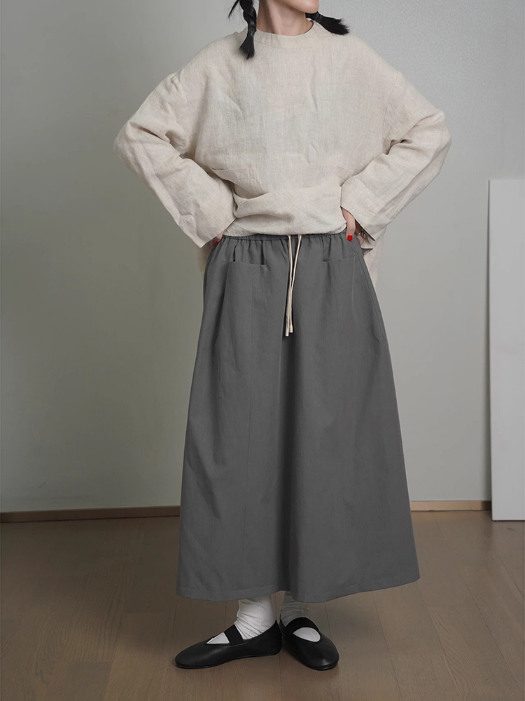 Japanese-Style High-Waisted Elastic Pocket Midi Skirt for Women - Loose A-Line Casual Summer 2025 Fashion for Petite Sizes Japanese-Style High-Waisted Elastic Pocket Midi Skirt for Women - Loose A-Line Casual Summer 2025 Fashion for Petite Sizes