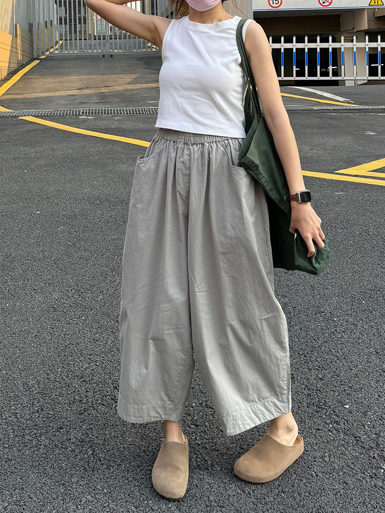 Japanese-Style Minimalist Gray Wide-Leg Nine-Point Pants for Women - Relaxed Casual Trousers for Summer 2025