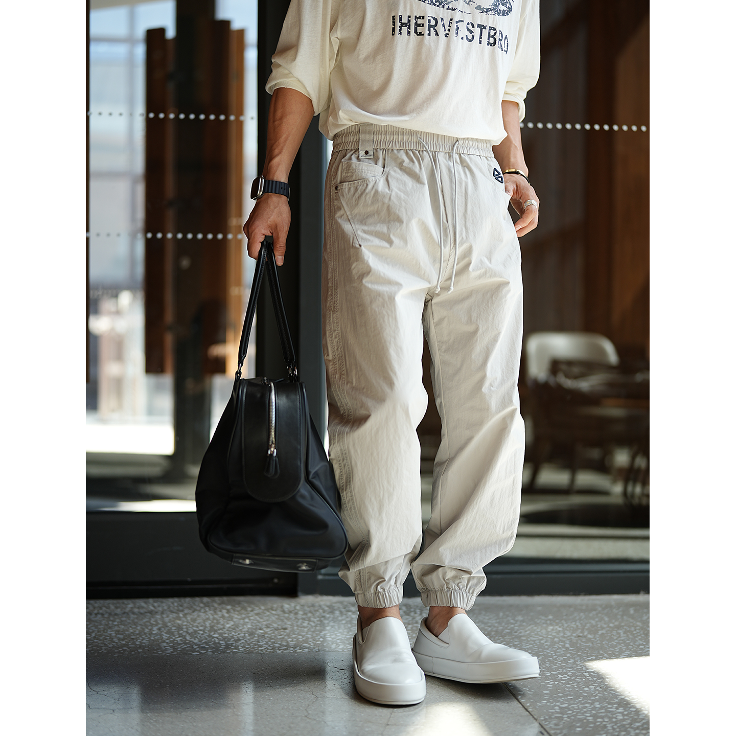 Japanese-Style Minimalist Precision Embroidery Casual Pants for Men, Trendy Summer Tapered Design with Elastic Waist and Drawstring Japanese-Style Minimalist Precision Embroidery Casual Pants for Men, Trendy Summer Tapered Design with Elastic Waist and Drawstring