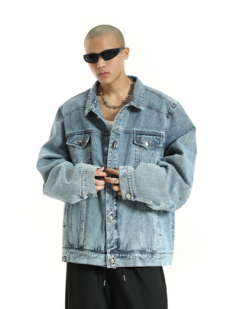 Japanese-Style Oversized Denim Jacket for Men - Casual Spring Workwear, Loose Fit, Trendy Short Top Japanese-Style Oversized Denim Jacket for Men - Casual Spring Workwear, Loose Fit, Trendy Short Top