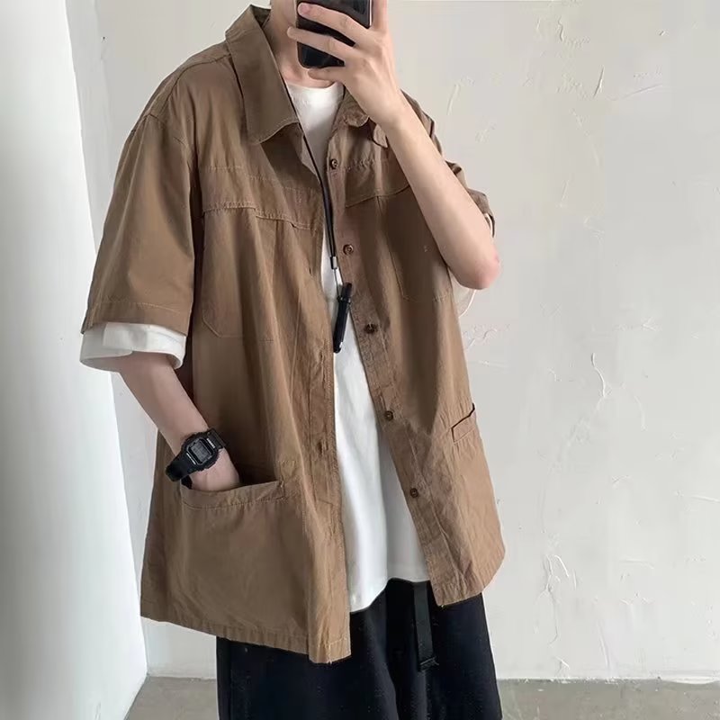 Japanese-Style Oversized Short Sleeve Work Shirt for Men - Retro Streetwear Summer Jacket, Trendy Fashion Essential