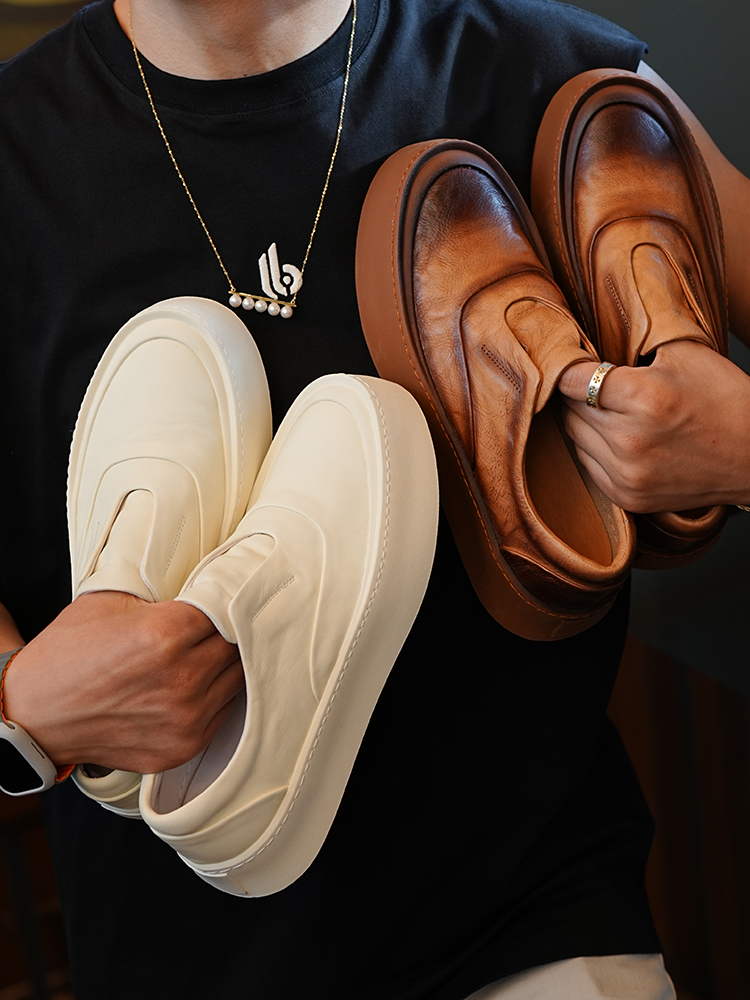 Japanese-Style Retro Minimalist Thick-Soled Casual Slip-On Shoes for Men - Trendy Summer High-End Leather Footwear Japanese-Style Retro Minimalist Thick-Soled Casual Slip-On Shoes for Men - Trendy Summer High-End Leather Footwear