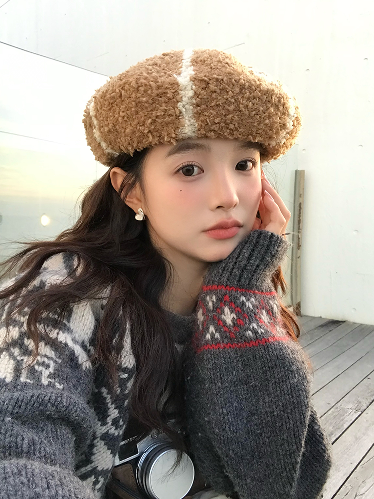 Japanese-Style Striped Beret 2025 - Plush Painter Hat for Small Faces, Big Heads, Y2K Aesthetic Fashion Accessory