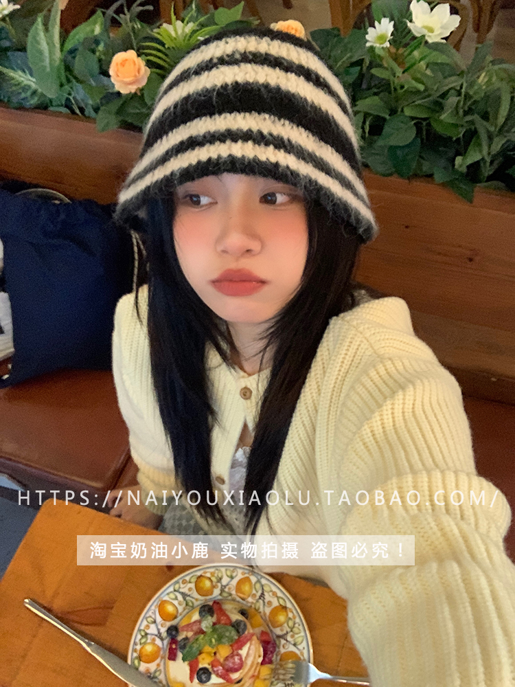 Japanese-Style Striped Plush Fisherman's Hat for Women - Winter Knitted Bucket Hat, Casual Versatile Trend