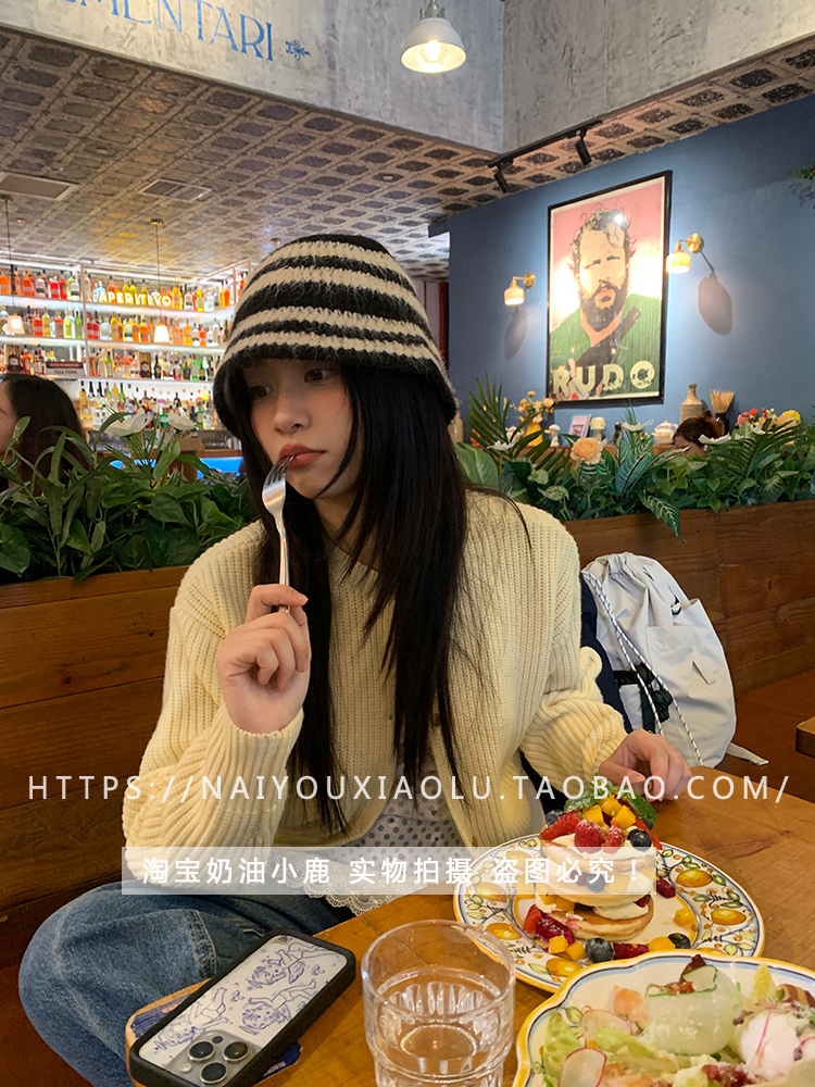 Japanese-Style Striped Plush Fisherman's Hat for Women - Winter Knitted Bucket Hat, Casual Versatile Trend Japanese-Style Striped Plush Fisherman's Hat for Women - Winter Knitted Bucket Hat, Casual Versatile Trend