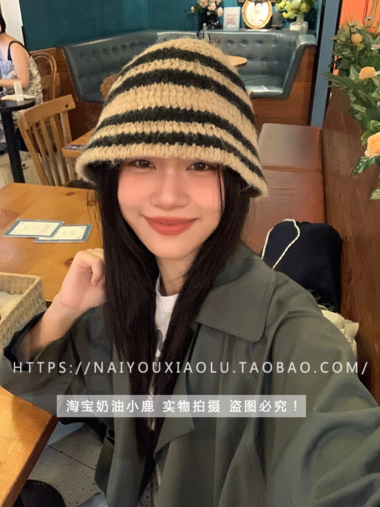 Japanese-Style Striped Plush Fisherman's Hat for Women - Winter Knitted Bucket Hat, Casual Versatile Trend Japanese-Style Striped Plush Fisherman's Hat for Women - Winter Knitted Bucket Hat, Casual Versatile Trend