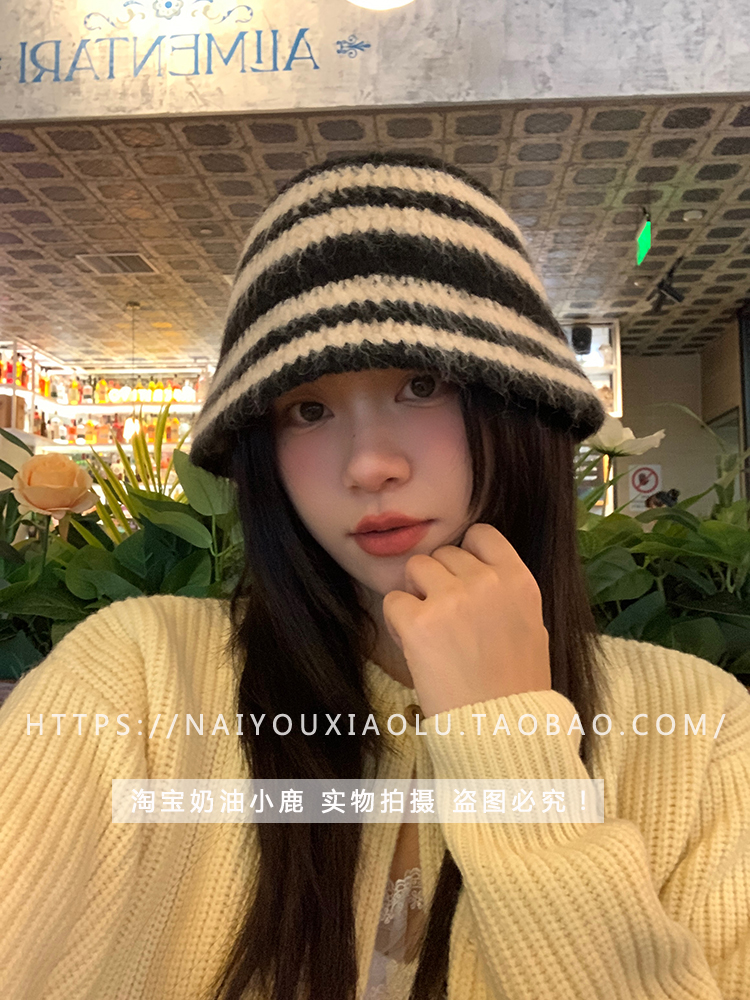 Japanese-Style Striped Plush Fisherman's Hat for Women - Winter Knitted Bucket Hat, Casual Versatile Trend Japanese-Style Striped Plush Fisherman's Hat for Women - Winter Knitted Bucket Hat, Casual Versatile Trend